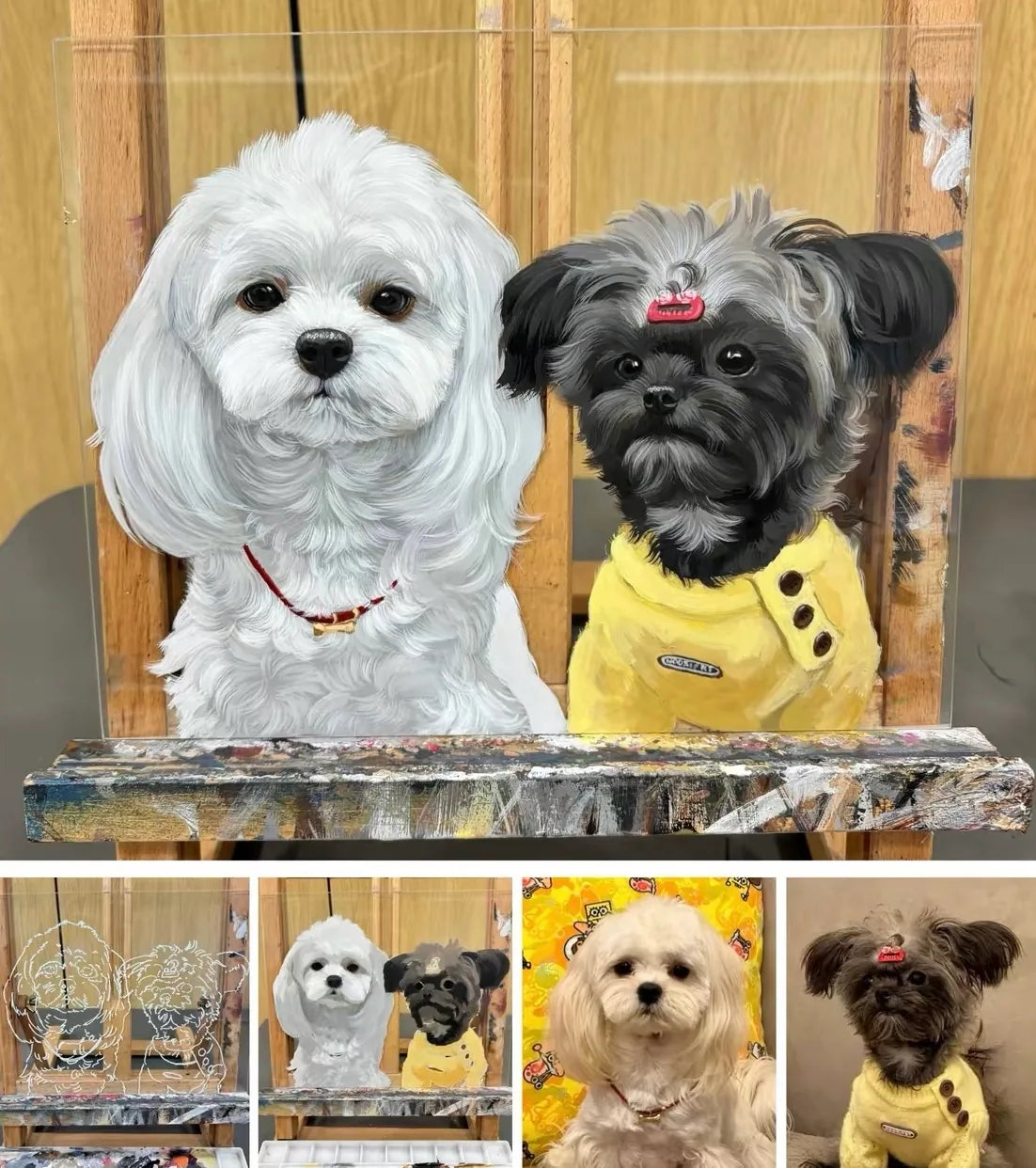 A white dog and a dark dog painted together on clear glass.