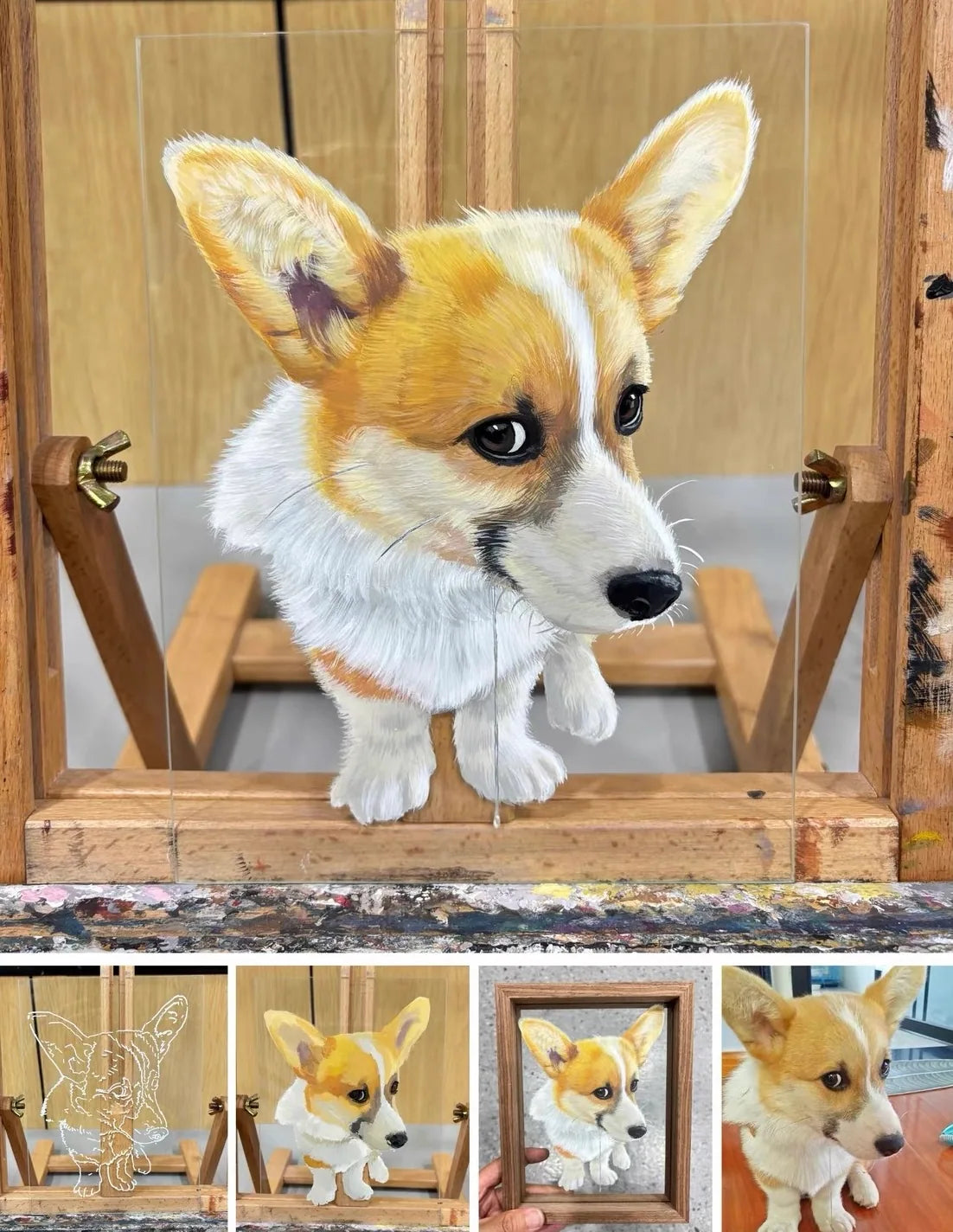 An orange-and-white corgi painted with upright ears and front paws.