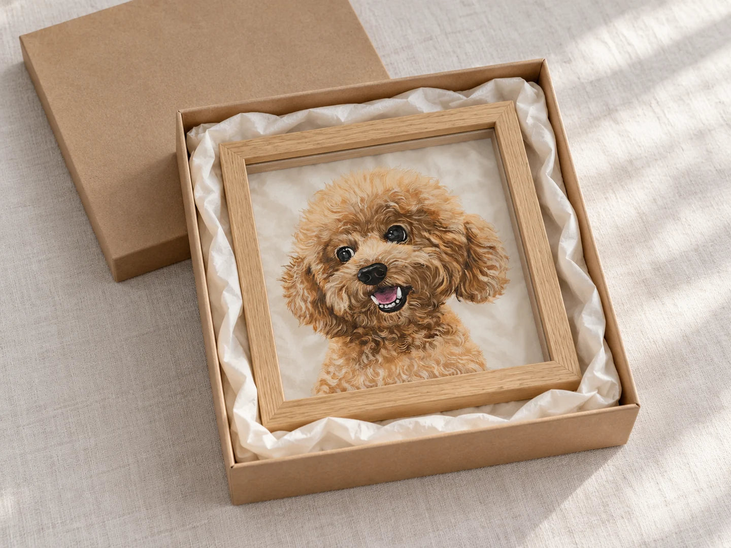 A curly-coated dog portrait in a square wooden frame, presented in gift packaging