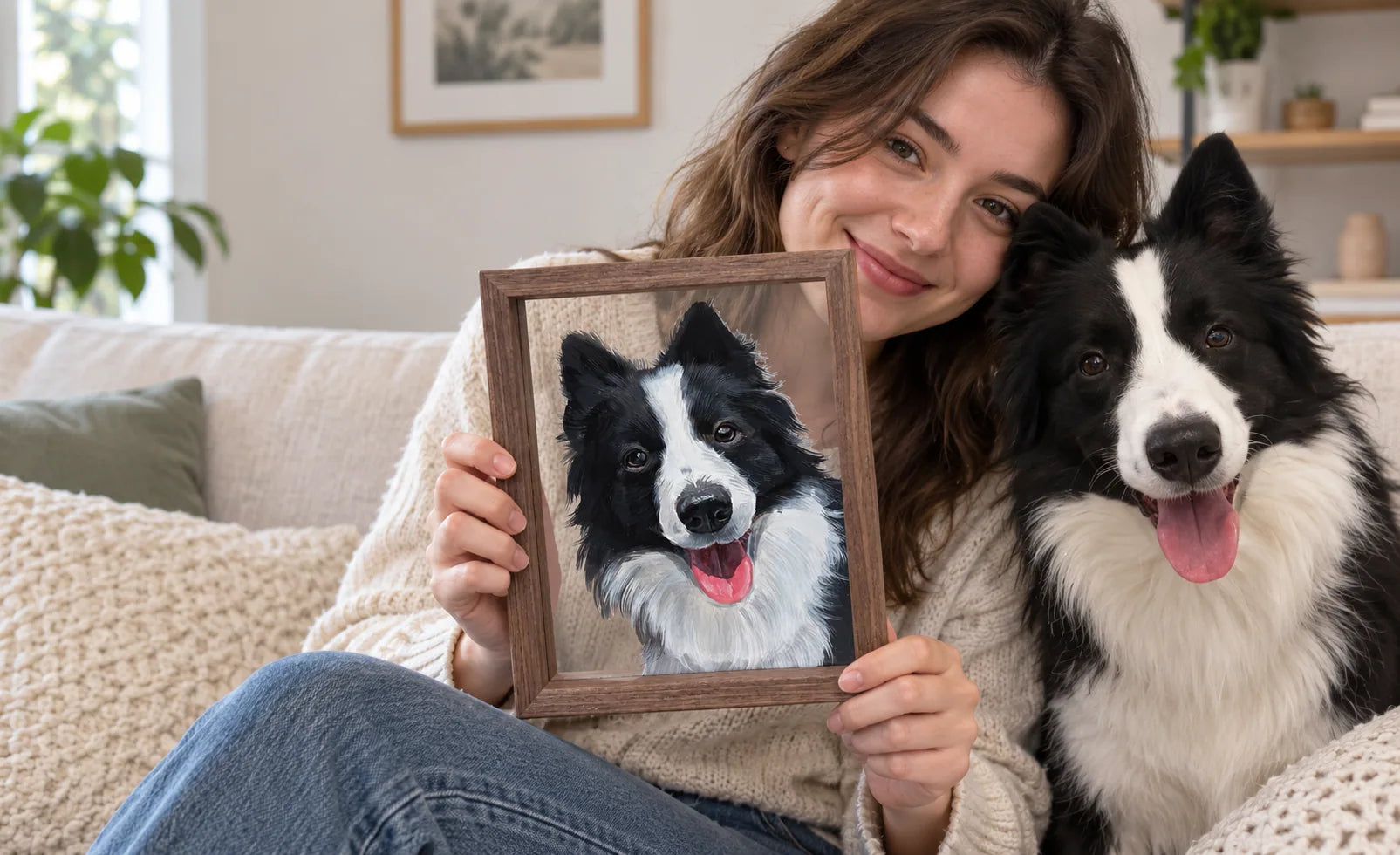A pet parent holds a transparent hand-painted glass portrait with her border collie beside her