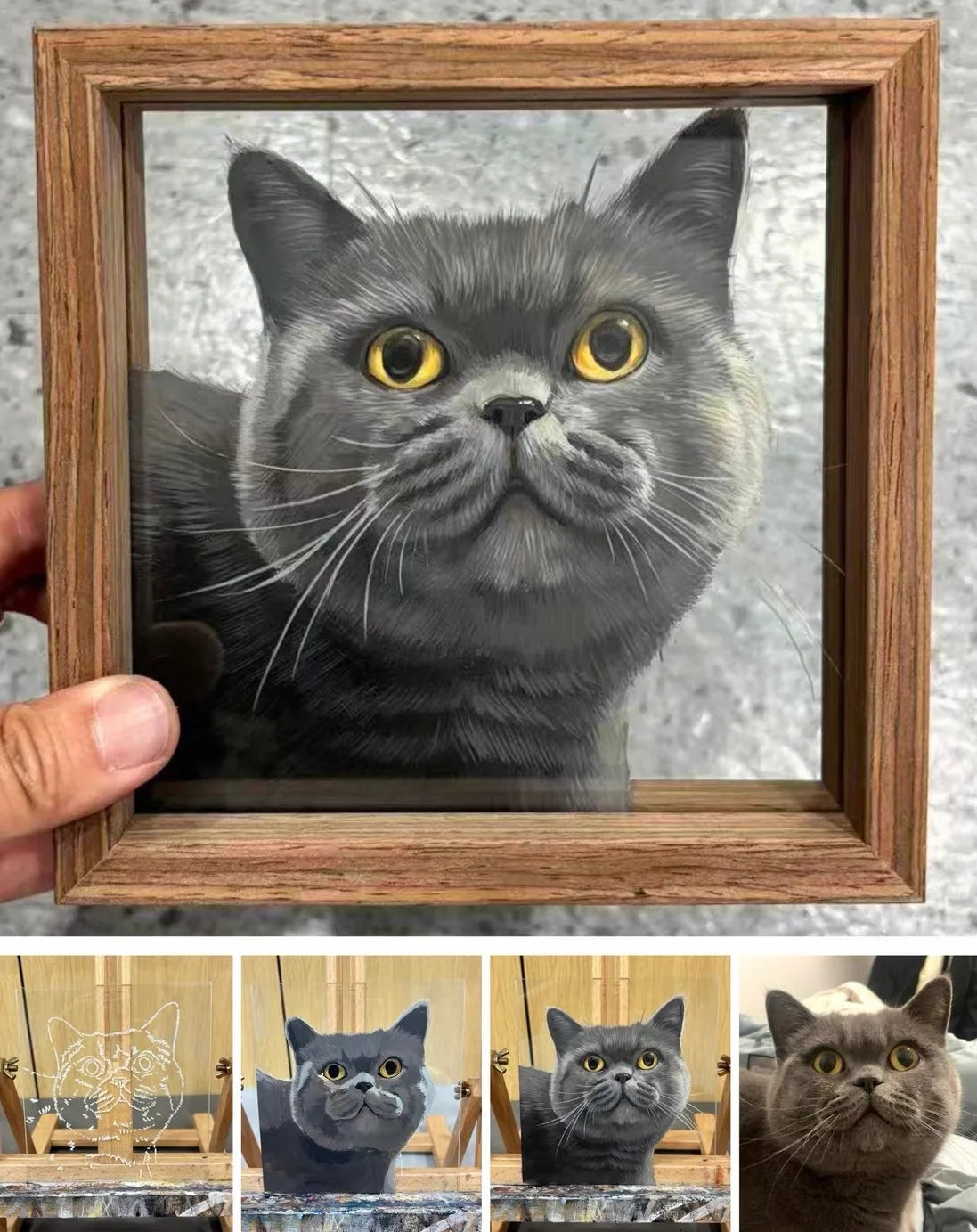 A grey cat in a wooden frame, with reference and painting stages.