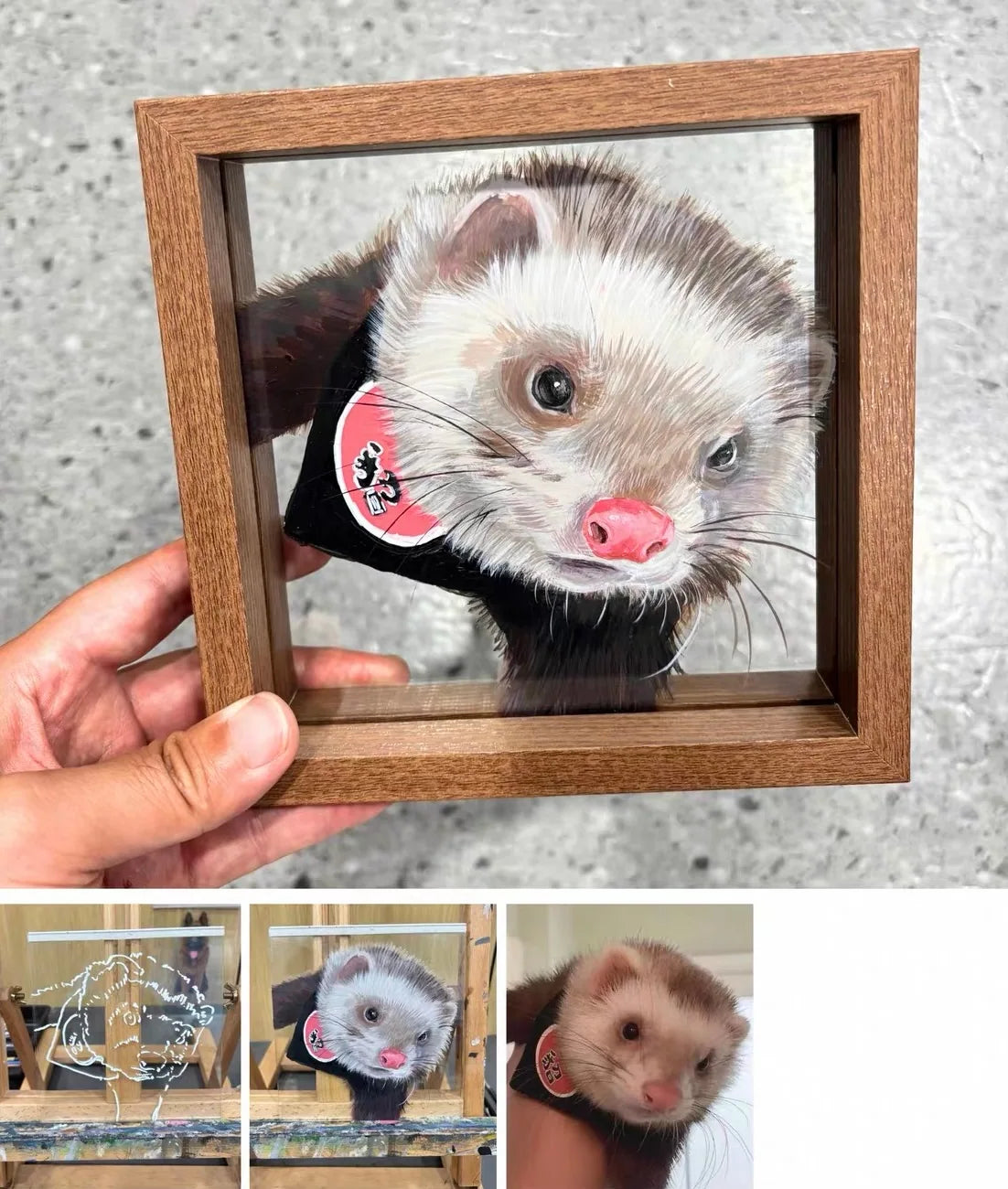 A framed ferret portrait with pale fur and a red bow.