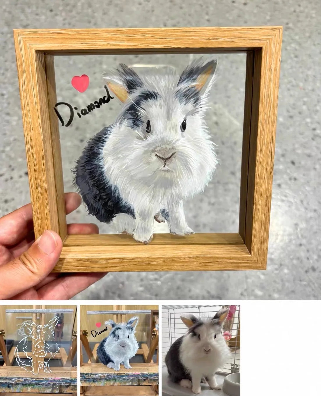 A hand-held rabbit portrait with long ears and fluffy white fur.