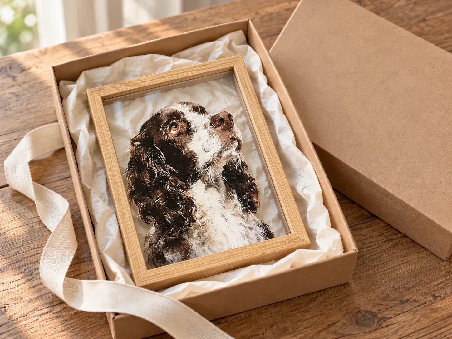 Gift packaging with a brown-and-white spaniel painted on clear glass in a light wooden frame