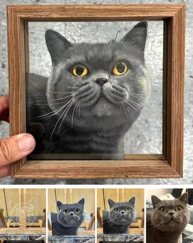 A grey cat in a wooden frame, with reference and painting stages.