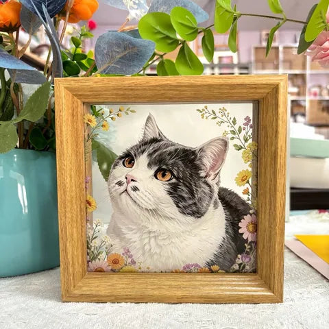 A tabby-and-white cat portrait surrounded by painted flowers.