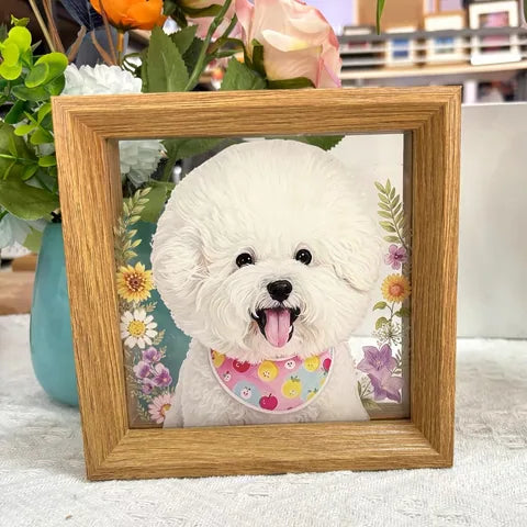 A white dog portrait with a pink bandana and small painted flowers.
