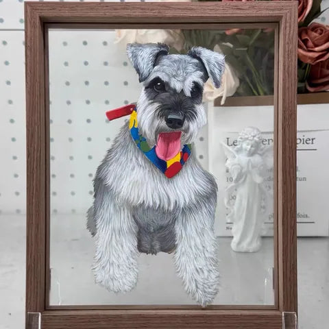 A grey schnauzer painted with its paws and a colourful collar.
