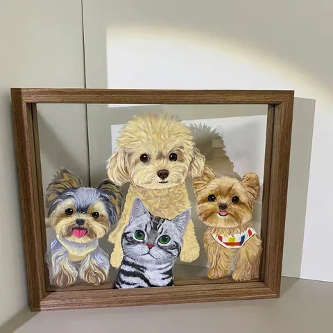 Three dogs and one cat painted together in a square frame.