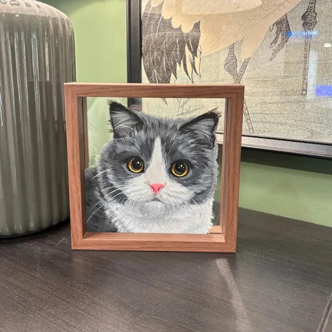 Grey and white cat frame placed beside chair on wood floor.