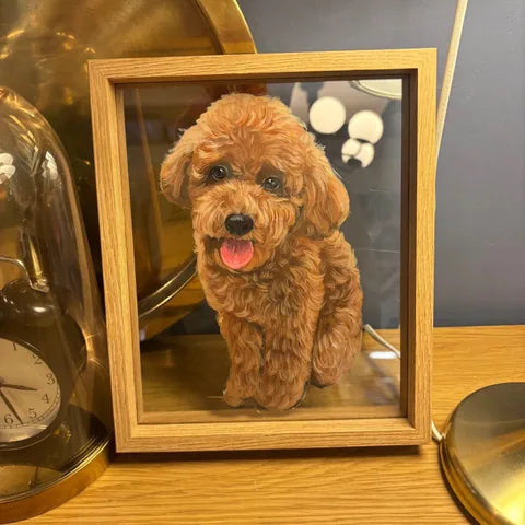 Brown curly dog frame on warmly lit table by small objects.