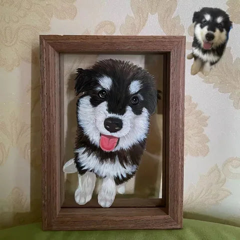 Black-white puppy frame with small reference-photo cutout.