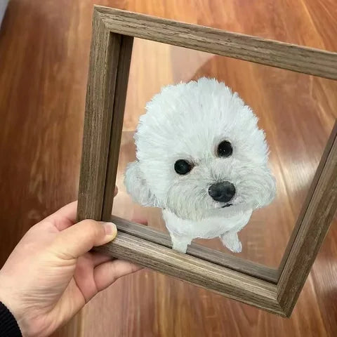 Handheld white fluffy dog frame over plain wooden floor.